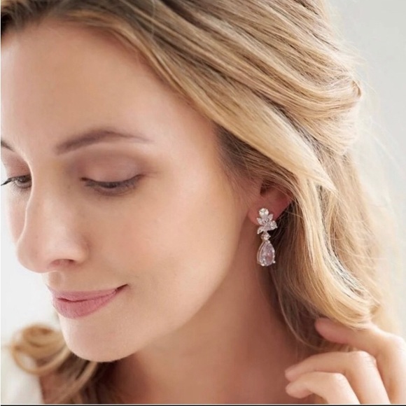 ROSE GOLD 5.5g ORNATE PEAR DROP SIMULATED DIAMOND CZ SAPPHIRE EARRINGS - Picture 3 of 3